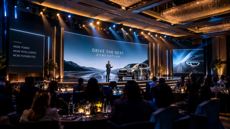 Premium product launch event in Dubai featuring a luxury stage setup, professional lighting, LED displays and a silver SUV reveal before a corporate audience.